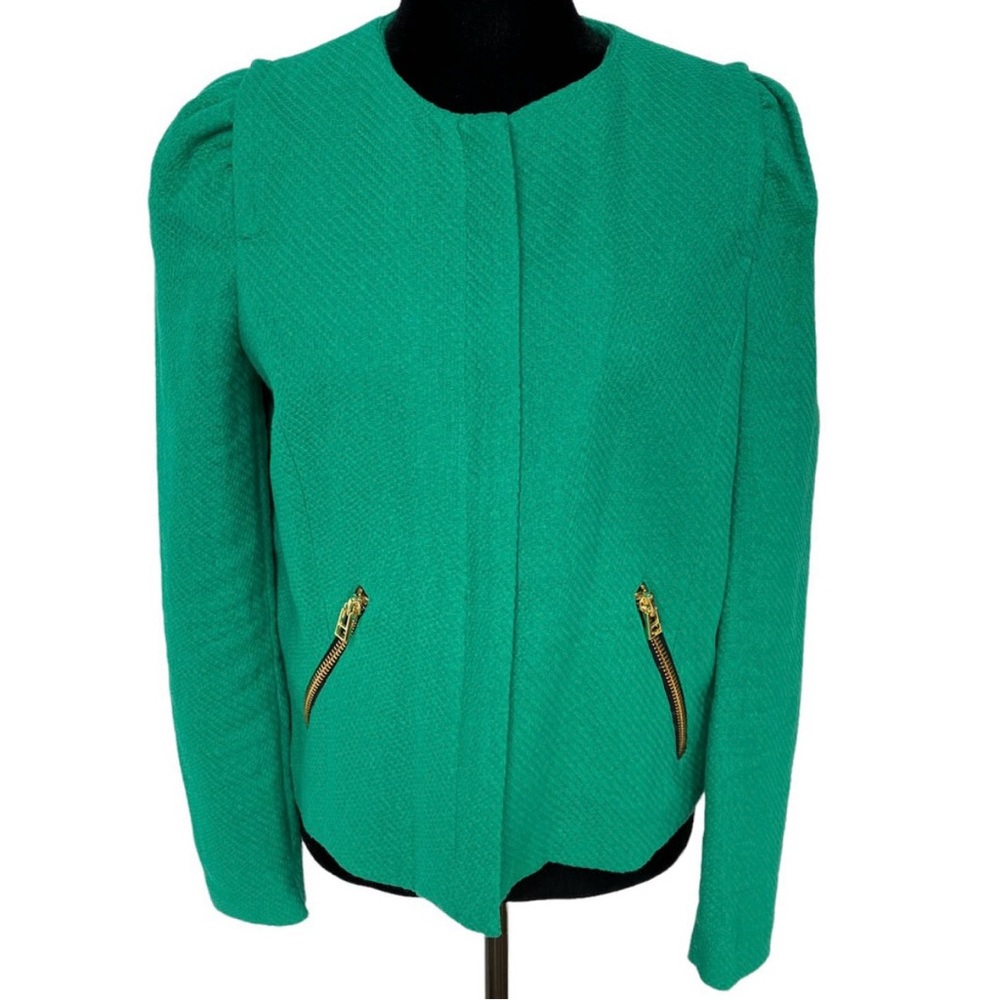 MNG Suit by Mango Green Knit Jacket Collarless Zippers Short Women's Size Medium